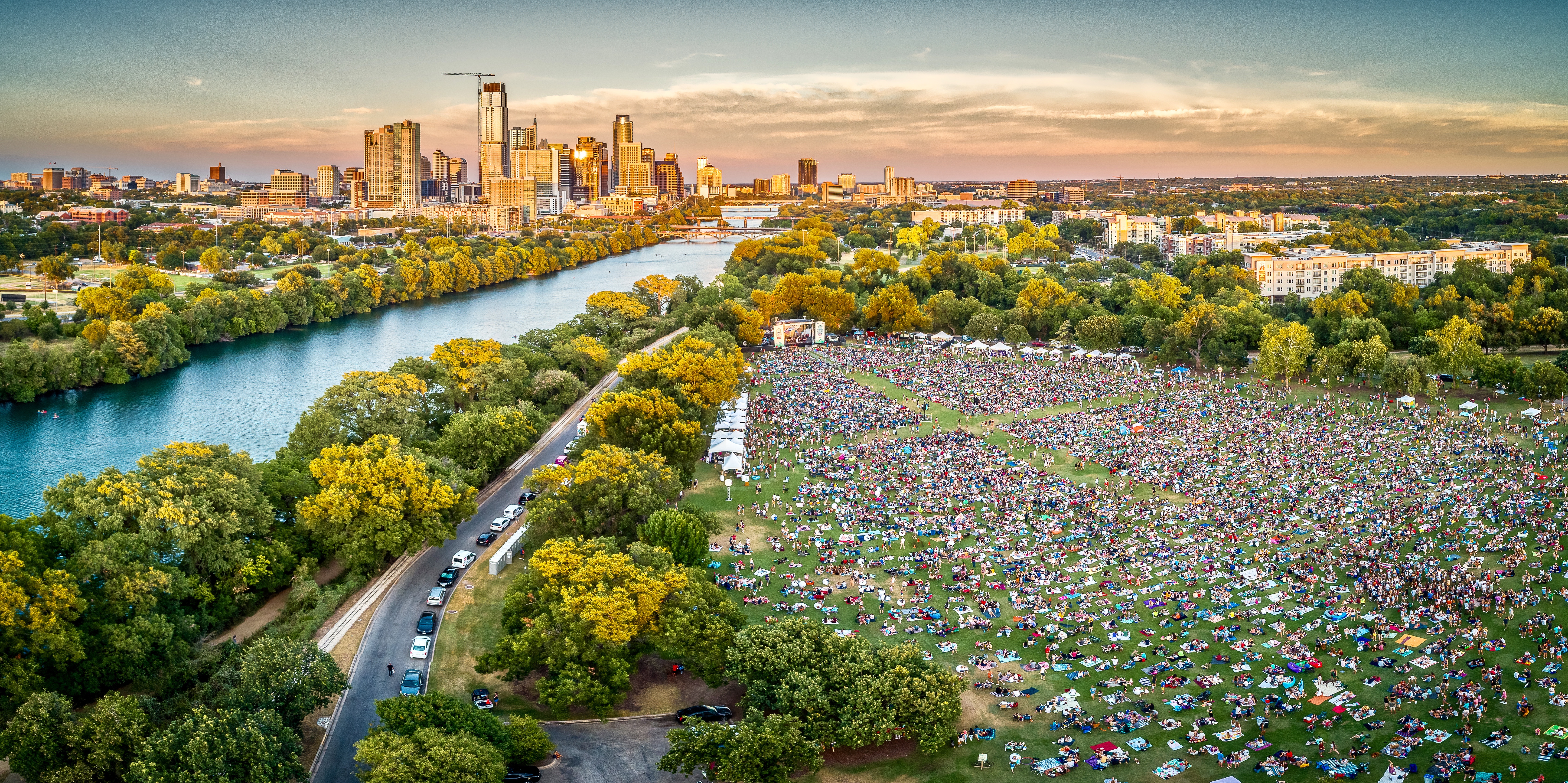 music festival with city in background